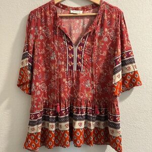 Beachlunchlounge Floral Tunic Top Blouse XS/TP Coral Red Bohemian Festival